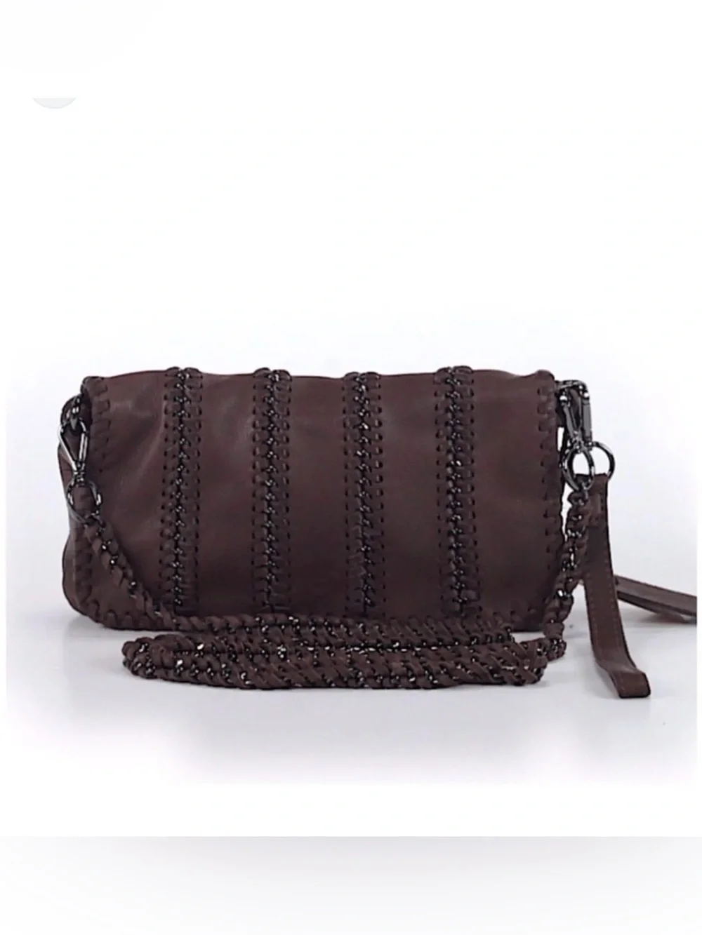 NWT $275 Linea Pelle Soft Brown Leather Whipstitch Chain Crossbody Bag Wristlet